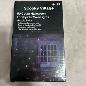 Spooky Village LED Spider Web Lights. 50 Count. Purple Bulbs. Indoor Outdoor Use